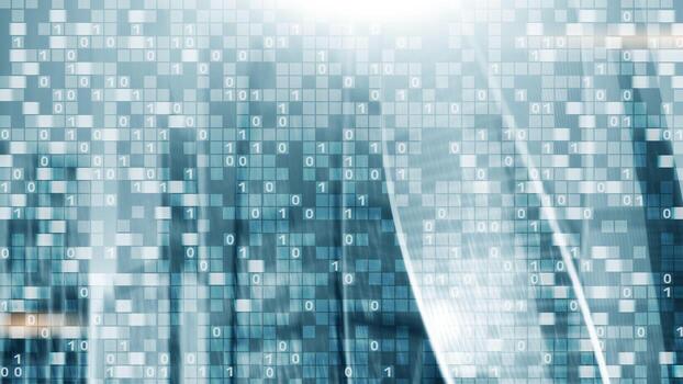 Digital code on blur city background. Abstract Binary code. photo