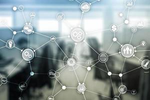Business process structure industrial workflow diagram automation innovation concept on blurred office. photo