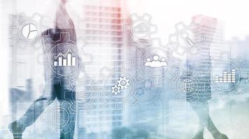 Business process abstract diagram with gears and icons. Workflow and automation technology concept. photo