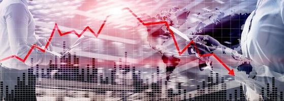 Chart with red down arrow on abstract background. Falling growth in business photo