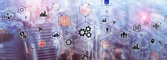 Gears icons engineering manufacturing automation innovation structure abstract concept. photo