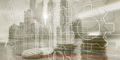 Business technology internet concept double exposure gears abstract background photo