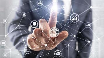 ICT - information and telecommunication technology and IOT - internet of things concepts. Diagrams with icons on server room backgrounds. photo