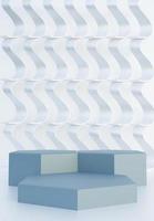 Blue podium with abstract art objects. Stand to show products. Stage showcase with modern scene. Pedestal in vertical display. Beauty fashion backdrop for smartphone. 3D rendering.