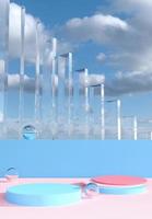 Pastel color podium with glass wall and sky scene. Stand to show products. Stage showcase with modern scene. Pedestal in vertical display. Beauty fashion backdrop for smartphone. 3D rendering. photo