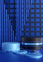 Black and blue podium with abstract art objects. Stand to show products. Stage showcase with modern scene. Pedestal in vertical display. Backdrop for smartphone. 3D rendering.