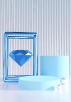 Light blue podium with Blue diamond. Stand to show products. Stage showcase with modern scene. Pedestal in vertical display. Beauty fashion backdrop for smartphone. 3D rendering.
