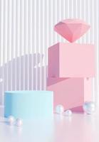 Pastel blue podium with pink abstract art objects. Stand to show products. Stage showcase with modern scene. Pedestal in vertical display. Beauty fashion backdrop for smartphone. 3D rendering.