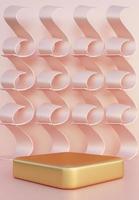 Golden podium with coral abstract art objects. Stand to show products in vertical. Stage showcase with modern scene. Pedestal in vertical display. Beauty fashion backdrop for smartphone. 3D rendering. photo
