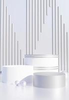 White and silver podium with abstract art objects. Stand to show products. Stage showcase with modern scene. Pedestal in vertical display. Backdrop for smartphone. 3D rendering.