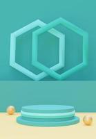 Cyan color podium with abstract art objects. Stand to show products. Stage showcase with modern scene. Pedestal in vertical display. Beauty fashion backdrop for smartphone. 3D rendering.