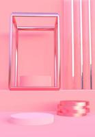 Pink podium with abstract art objects. Stand to show products. Stage showcase with modern scene. Pedestal in vertical display. Beauty fashion backdrop for smartphone. 3D rendering.