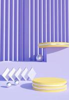 Yellow podium with purple abstract art objects. Stand to show products. Stage showcase with modern scene. Pedestal in vertical display. Beauty fashion backdrop for smartphone. 3D rendering. photo