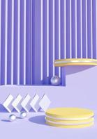 Yellow podium with purple abstract art objects. Stand to show products. Stage showcase with modern scene. Pedestal in vertical display. Beauty fashion backdrop for smartphone. 3D rendering.