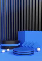 Black and blue podium with abstract art objects. Stand to show products. Stage showcase with modern scene. Pedestal in vertical display. Backdrop for smartphone. 3D rendering. photo