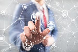 ICT - information and telecommunication technology and IOT - internet of things concepts. Diagrams with icons on server room backgrounds photo