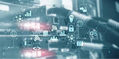 Digital concept internet of things information and telecommunication technology. Double exposure icons and server room background photo