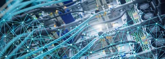 Telecommunication global network structure and networking concept on panoramic server background. photo