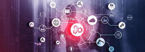 Robotic Process Automation on Blurred Big Data Center. Panoramic Horizontal Photo. photo