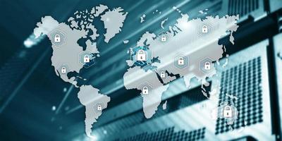 World Maps. Global cyber security concept communication privacy data protection server room background. photo