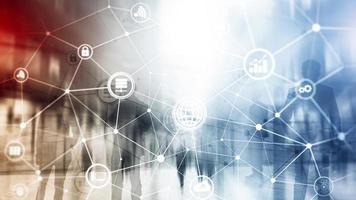 ICT - information and telecommunication technology and IOT - internet of things concepts. Diagrams with icons on server room backgrounds. photo
