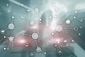 Technology industrial business process workflow organisation structure on virtual screen. IOT smart industry concept mixed media diagram photo