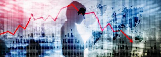Chart with red down arrow on abstract background. Falling growth in photo