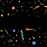 Vector abstract Black Background with many falling tiny colorful confetti pieces and ribbon. Carnival. Christmas or New Year decoration colorful party pennants for birthday. festival