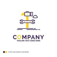 Company Name Logo Design For Build. engineering. hammer. repair. service. Purple and yellow Brand Name Design with place for Tagline. Creative Logo template for Small and Large Business. vector