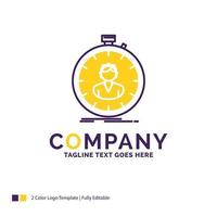 Company Name Logo Design For fast. speed. stopwatch. timer. girl. Purple and yellow Brand Name Design with place for Tagline. Creative Logo template for Small and Large Business. vector