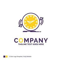 diseño del logotipo del nombre de la empresa para la copia de seguridad. reloj. agujas del reloj. encimera. tiempo. diseño de marca púrpura y amarillo con lugar para eslogan. plantilla de logotipo creativo para pequeñas y grandes empresas. vector