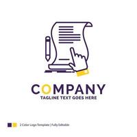 Company Name Logo Design For contract. document. paper. sign. agreement. application. Purple and yellow Brand Name Design with place for Tagline. Creative Logo template for Small and Large Business. vector