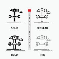 construir. ingeniería. martillo. reparar. icono de servicio en fino. regular. línea en negrita y estilo de glifo. ilustración vectorial vector