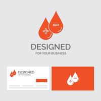 plantilla de logotipo empresarial para sangre. soltar. líquido. más. menos. tarjetas de visita naranjas con plantilla de logotipo de marca. vector