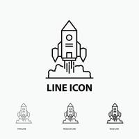 Rocket. spaceship. startup. launch. Game Icon in Thin. Regular and Bold Line Style. Vector illustration