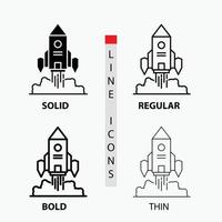 Rocket. spaceship. startup. launch. Game Icon in Thin. Regular. Bold Line and Glyph Style. Vector illustration