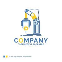 Automation. factory. hand. mechanism. package Blue Yellow Business Logo template. Creative Design Template Place for Tagline. vector