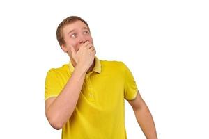 Funny guy loudly laughing out loud covering mouth with hands isolated on white background photo