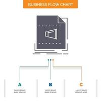 Audio. file. format. music. sound Business Flow Chart Design with 3 Steps. Glyph Icon For Presentation Background Template Place for text. vector