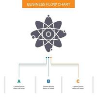 átomo. nuclear. molécula. química. diseño de diagrama de flujo de negocios de ciencia con 3 pasos. icono de glifo para el lugar de plantilla de fondo de presentación para texto. vector