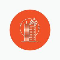 building. smart city. technology. satellite. corporation White Line Icon in Circle background. vector icon illustration