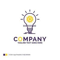 diseño de logotipo de nombre de empresa para bombilla. desarrollar. ocurrencia. innovación. luz. diseño de marca púrpura y amarillo con lugar para eslogan. plantilla de logotipo creativo para pequeñas y grandes empresas. vector