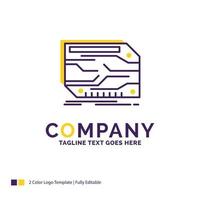 diseño de logotipo de nombre de empresa para tarjeta. componente. disfraz. electrónico. memoria. diseño de marca púrpura y amarillo con lugar para eslogan. plantilla de logotipo creativo para pequeñas y grandes empresas. vector