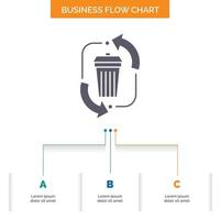 desperdicio. desecho. basura. administración. reciclar el diseño del diagrama de flujo empresarial con 3 pasos. icono de glifo para el lugar de plantilla de fondo de presentación para texto. vector