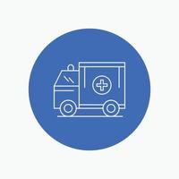 ambulancia. camión. médico. ayuda. icono de línea blanca de furgoneta en el fondo del círculo. ilustración de icono de vector