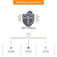 seguro. salud. médico. proteccion. diseño de diagrama de flujo de negocios seguro con 3 pasos. icono de glifo para el lugar de plantilla de fondo de presentación para texto. vector