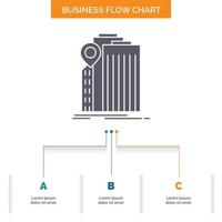 banco. bancario. edificio. federal. diseño de diagrama de flujo de negocios gubernamentales con 3 pasos. icono de glifo para el lugar de plantilla de fondo de presentación para texto. vector