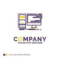 Company Name Logo Design For Computer. desktop. hardware. workstation. System. Purple and yellow Brand Name Design with place for Tagline. Creative Logo template for Small and Large Business. vector