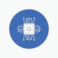 Chip. cpu. microchip. processor. technology White Glyph Icon in Circle. Vector Button illustration