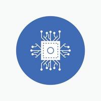 Chip. cpu. microchip. processor. technology White Glyph Icon in Circle. Vector Button illustration